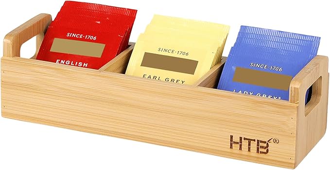 HTB Small Tea Bag Holder, Bamboo Tea Organizer 3 Compartments for Beverage Suppliers, Sugar, Sweeteners, Individual Packets, Portable Tea Bag Organizer for Home Kitchen Counter or Office