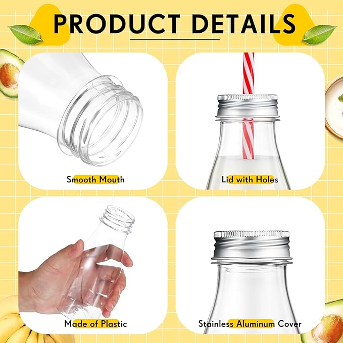 Yinkin 20 Sets Plastic Milk Bottles with Straws Lids Clear Plastic Containers for Dairy Milk Party Bottle for Juices Shakes Smoothies (8 oz,Gold Lid)