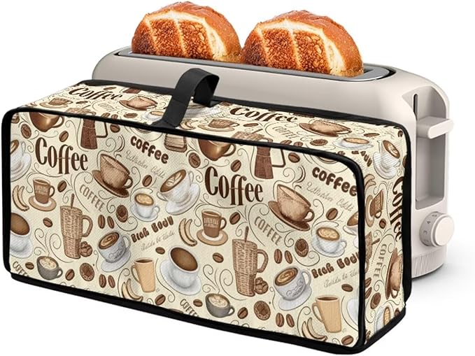 Vintage Coffee Print Slim Toaster Cover Foldable 2 Slice Long Slot 2 Slice Toaster Cover Water-Resistant Small Appliance Covers for Kitchen, Easy to Fold and Store