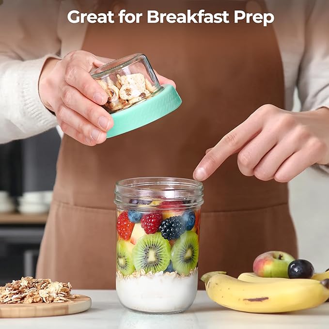 ComSaf Overnight Oats Containers with Lids (16oz+4oz, 4Pcs), Dual-Laryer Chia Pudding Jars with Dry and Wet Separation, Yogurt Parfait Cups for Oatmeal Cereal Nut Fruit, Meal Prep Glass Jars for Salad