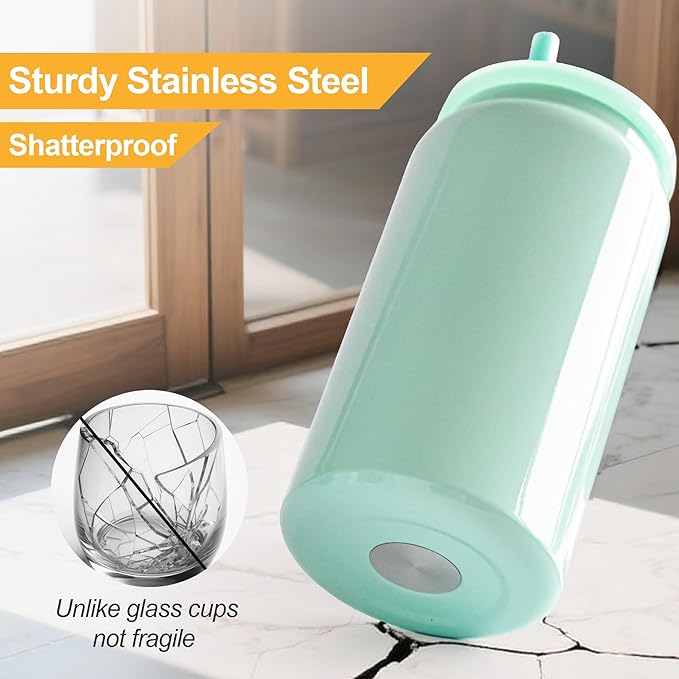 6 Pack Glass Cups with Lids and Straws Unbreakable 16 oz Stainless Steel Can Cup Double Wall Insulated Beer Can Tumbler for Iced Coffee, Juice, Soda, Bright-Colored