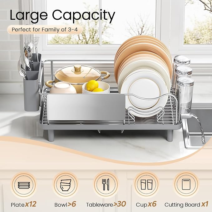 Dish Drying Rack Large Capacity - Stainless Steel Dish Rack for Kitchen Counter with Drain Board, Rustproof Dish Drainer with Auto Drain Spout Utensil Holder Glass Holder, Dinnerware Organizer, Gray