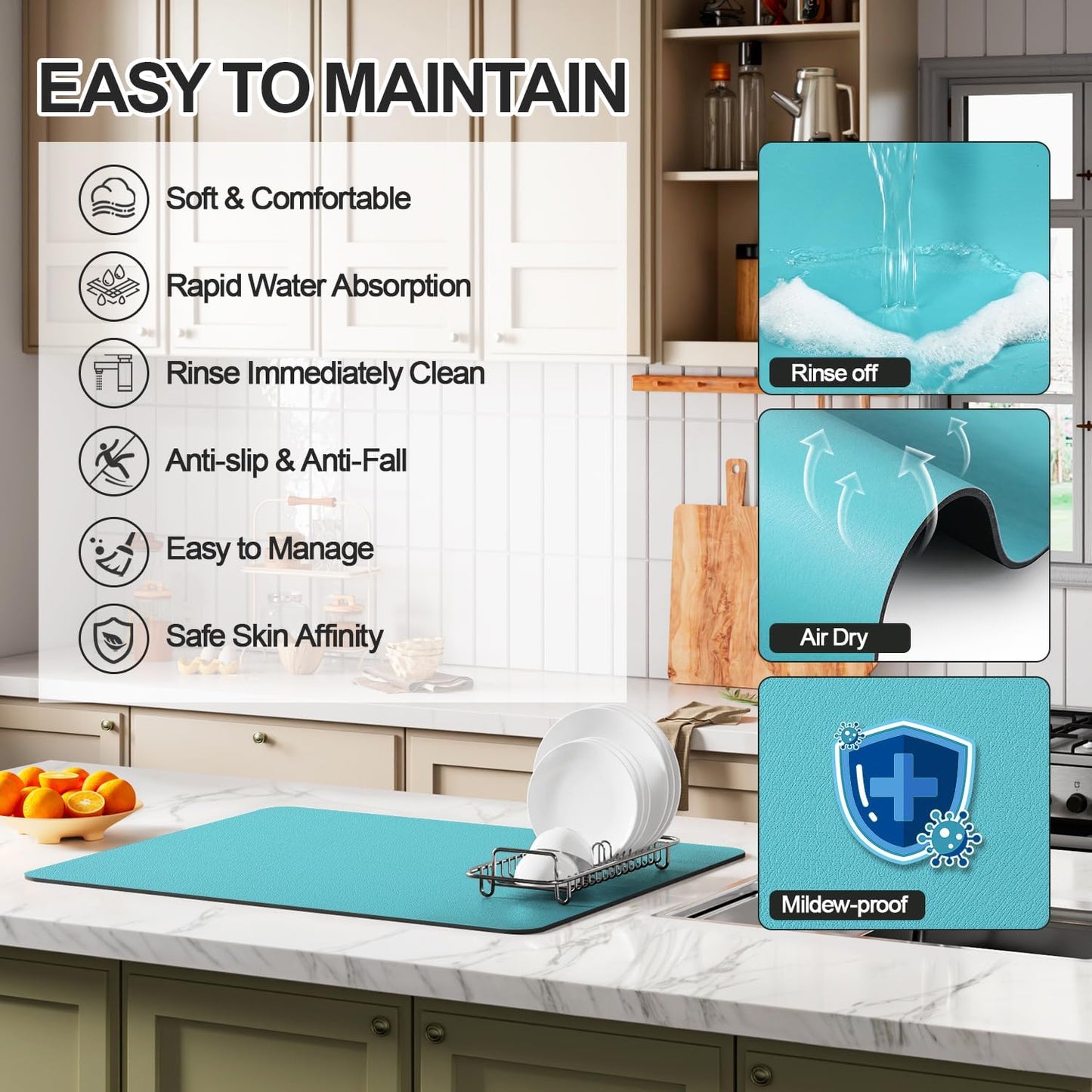Dish Drying Mat for Kitchen Counter | Coffee Bar Mat for Countertops | Heat Resistant Drainer Mat with Non-slip Rubber Backed | Hide Stain Kitchen Absorbent Draining Mat | Turquoise 16"x18"