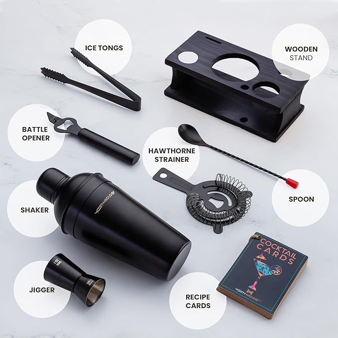 Modern Mixology Cocktail Shaker Set - Bartender Kit with Pine Stand | Leak-Proof Design | Includes Martini Shaker, Jigger, Strainer, Spoon, Tongs | Perfect Bar Tools Gift for Home Mixology (Black)