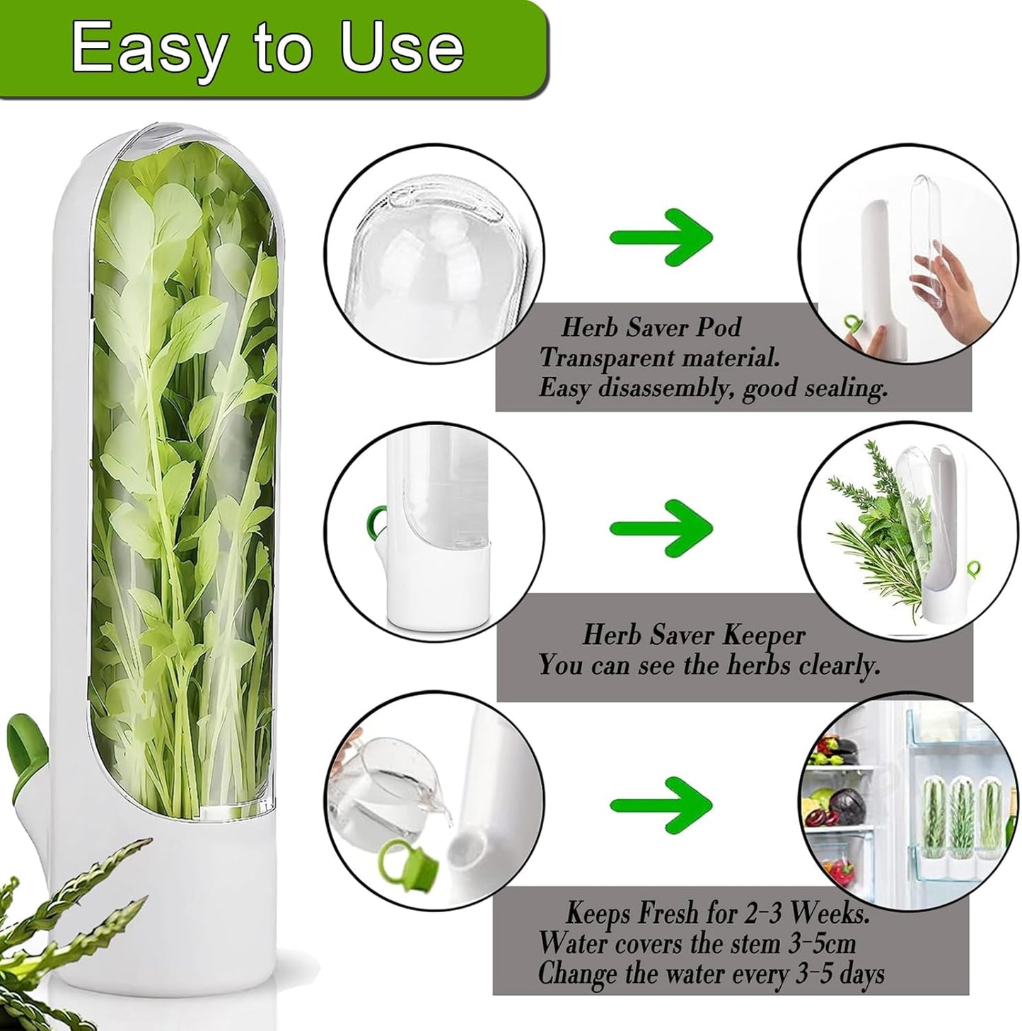 Herb Saver for Refrigerator, Herb Saver Pod Cilantro Containers for Refrigerator, Fresh Herb Keeper for Cilantro, Parsley, Asparagus, Mint, Keeps Vegetables for 2-3 Weeks (2PCS)
