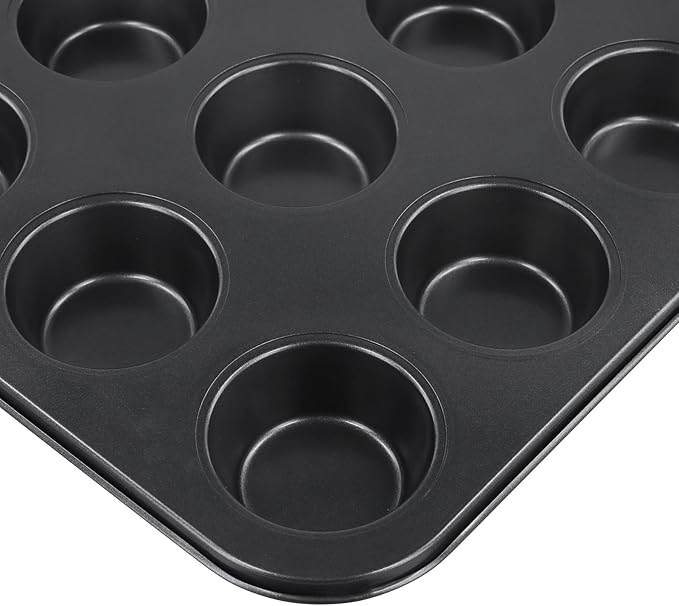 12-Cup Muffin Pan, Non-Stick Cupcake Baking Tin, 4 Pack Carbon Steel Cup Cake Tray for Oven Baking Cheesecake, Quiche, Easy Clean, Gray, 13.9"x10.4"x1.1"