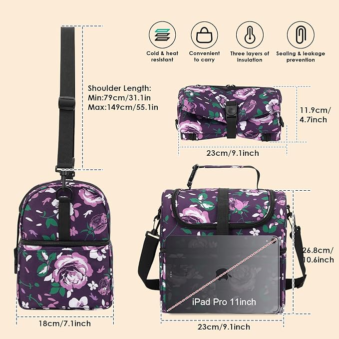 PBRO Double Deck Insulated Lunch Bag for Women,Large Reusable Lunch Box with Adjustable Shoulder Belt and Side Pockets,Cute Floral Leakproof Lunch Tote Cooler Bag for Adult Picnic,Working -Dark Purple