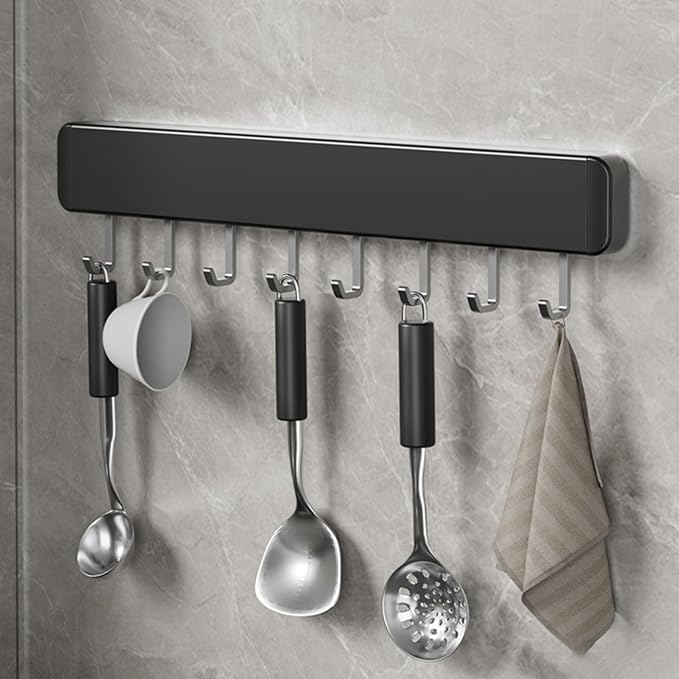 Kitchen Utensil Hanger Wall Mounted Hooks, No Drilling Removable and Adjustable Hooks Kitchen Rail with 8 Hooks for Hanging Cooking Utensils, Mugs, Spoons (10 Hooks)