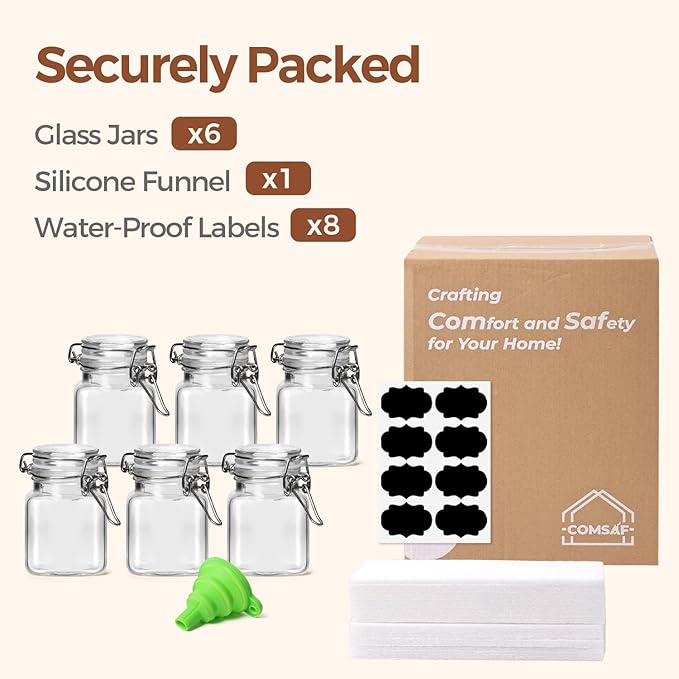 ComSaf Set of 6 Square Glass Spice Jars with Airtight Lids (4 Oz), Mini Favor Jars with Wire Clamp for Honey, Herbs & Farmhouse Kitchen Pantry Organization, with Funnel & Labels