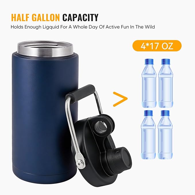 Kerilyn Insulated Half Gallon Jug with Handle, 64oz Stainless Steel, Large Double Vacuum Water Bottle for Hot & Cold Drinks, Wide Mouth, Sweat Proof, Great for Travel, Camping, Dark Blue