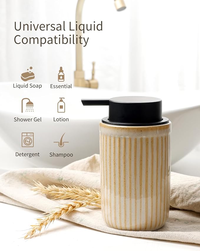 BosilunLife Dish Hand Soap Dispenser - Liquid Pump Soap Dispenser for Bathroom Deco 12oz Ceramic Kitchen Dish Dispenser with Rust-Proof Liquid Pump Modern Refillable Lotion Bottles, Greige