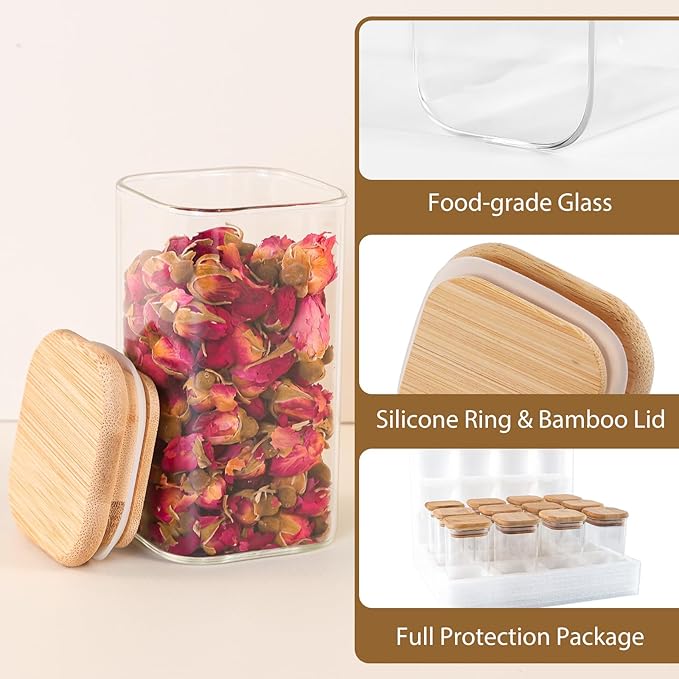 TBWIND 20 Pack 8 oz Square Glass Spice Jars with Lids and Labels – Airtight Small Spice Containers Set, Clear Glass Storage Jars for Seasoning, Spices, Kitchen Pantry Organization
