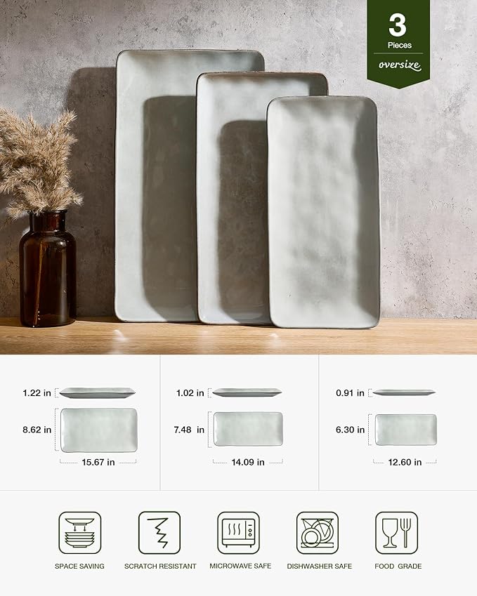 Famiware Serving Platter, Rectangular 15.67/14.1/12.6inch Serving Dishes for Entertaining, Reactive Glaze, Stoneware Serving Trays for Party, Food, Turkey, Snack, Cheese, Ocean Series, Grey