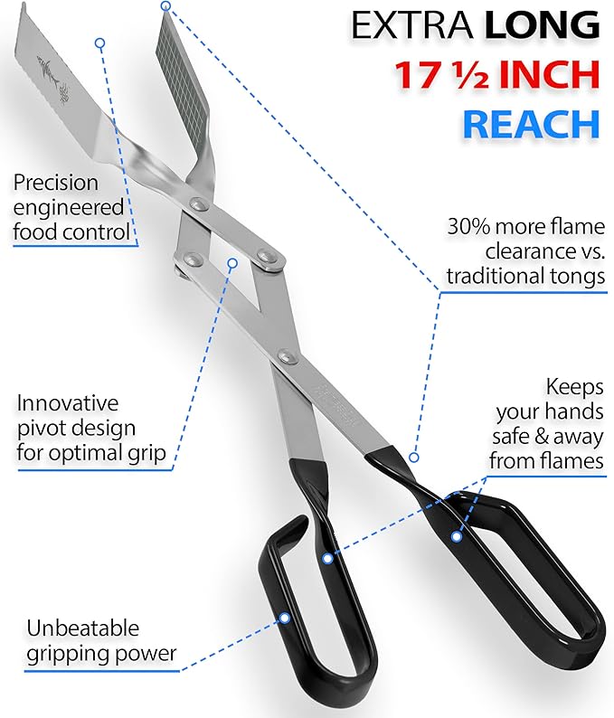 Shark BBQ Tongs for Steak, 17.5" Extra Long, Stainless Steel Grilling Tongs with Scissor Grip, Tong for Cooking, Kitchen & Outdoor Grill - Perfect Barbecue Tool & Gift for Grill Masters, Black