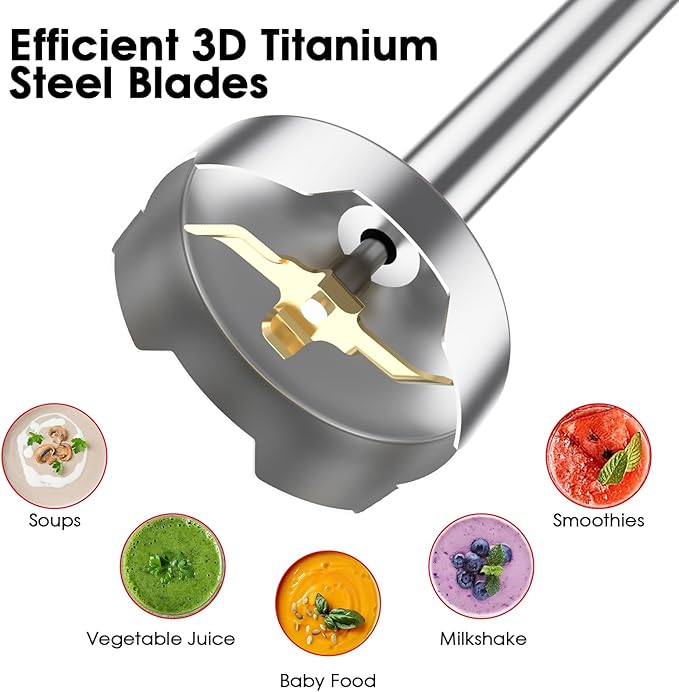 Immersion Blender Handheld for Kitchen,Emulsion Blender Handheld with Titanium Blades,12 Speed Electric Hand Mixer with BPA Free Attachments:Chopper Bowl,Whisk,Milk Frother,Measuring Cup