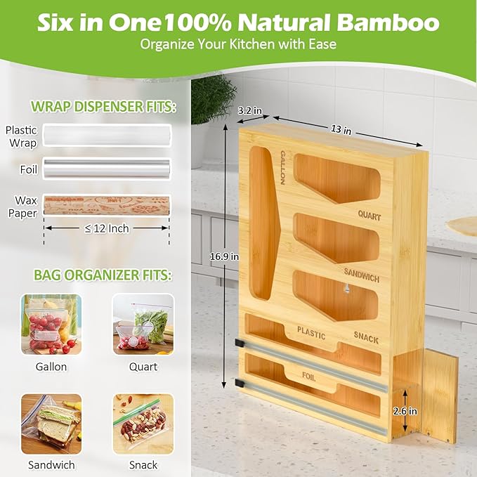 6 in 1 Bag Organizer and Wrap Dispenser with Magnetic Lid - Plastic Wrap Dispenser with Cutter for Kitchen Drawer, Storage for Gallon, Quart, Sandwich, Snack Bags, and Foil Beige