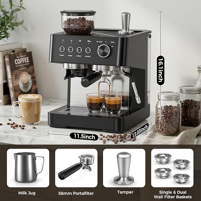Kndko Espresso Machine with Grinder & Milk Frother, 20 Bar Espresso Coffee Machines with Removable Water Tank, Cappuccino & Latte Machine for Home, Black