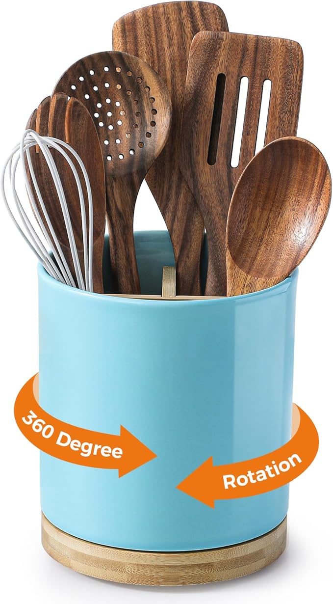 LoeJan 3 Compartment Utensil Holder, Extra Large Utensil Crock, Stable Ceramic Utensil Organizer, Cooking Tool Organizer Set for Kitchen Counter Farmhouse Decor, Turquoise