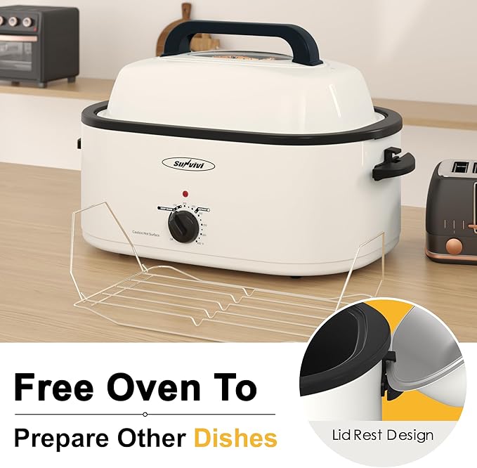 Sunvivi 22-Quart Roaster Oven with Visible Glass Lid, Sunvivi Electric Roaster with Removable Pan & Rack, 150-450°F Full-Range Temperature Control with Defrost/Warm Function, Stainless Steel, White