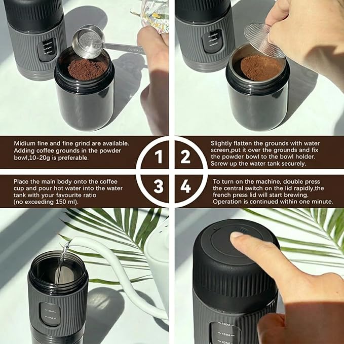 Portable Electric Coffee Maker (No Self-Heating, Requires Hot Water) – Compatible with K-Cup & Ground Coffee, 5oz Reservoir, Fast Extraction Single Serve Brewer for Camping, RV, Travel, Office – Black