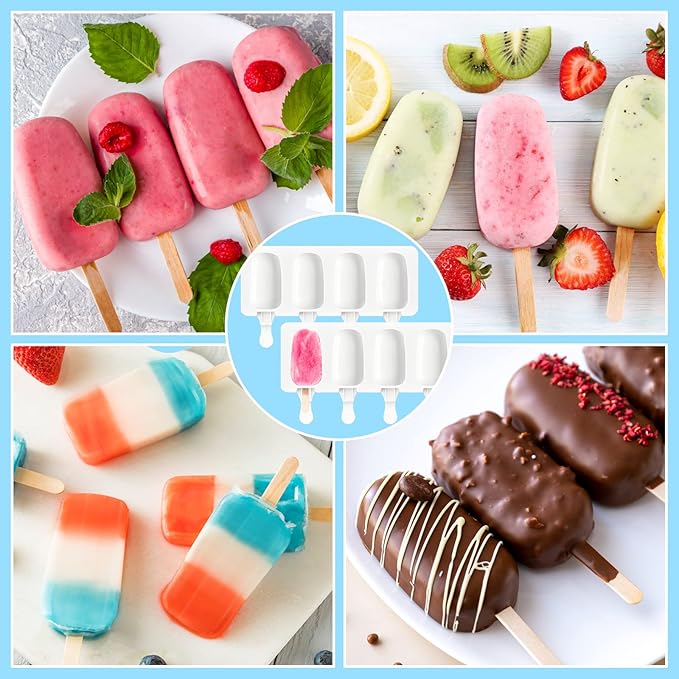 Mototo 12 Set Silicone Popsicle Molds White Ice Cream Mould 4 Cavity Ice Lolly Mold White Oval Cake Pop Mold with 300 Pieces Wooden Sticks for DIY Ice Cream Popsicle Cake