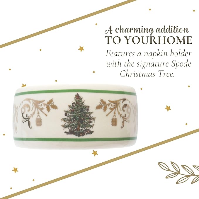 Spode Christmas Tree Gold 2.75" Napkin Ring (Set of 4) - Elegant 22K Gold Accented Holiday Napkin Rings, Fine Porcelain Christmas Table Setting Décor - Ideal for Holiday Dinnerware & Festive Gifting