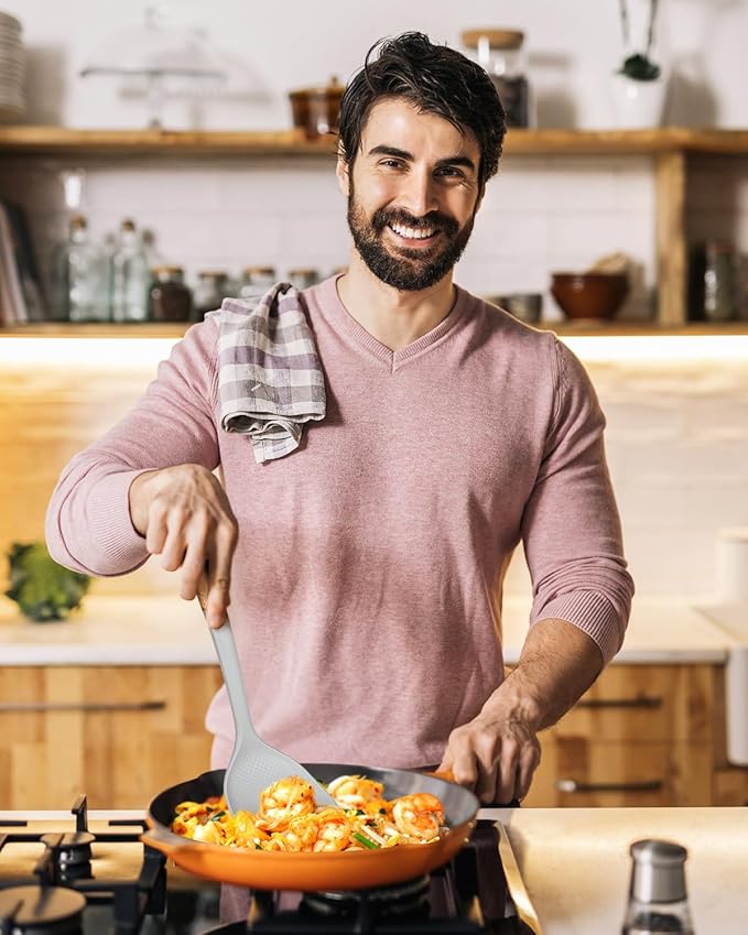 Silicone Wok Spatula Turner Set, Perfect for Scooping, Flipping, Lifting Pancakes and Picking up Veggies, BPA-Free Matte Silicone, Wooden Handles, Safe for Nonstick Cooking Surfaces (Khaki)