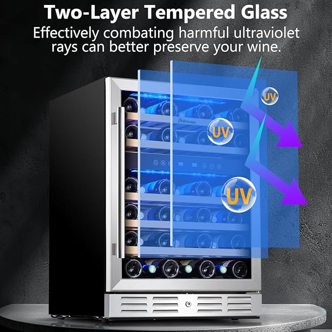 Kalamera 24 inch Wine Cooler, 37 Bottle - Dual Zone Built-in or Freestanding Fridge with Stainless Steel Reversible Glass Door, for Home, Kitchen or Office