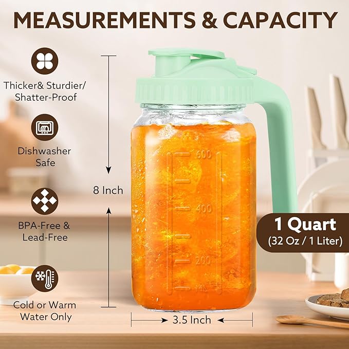 Mihlapi Breast Milk Pitcher, 32 OZ Mason Jar Pitcher with Lid Double Leak Proof,1 Quart Breastmilk Storage Containers for Fridge, Glass Jug for Sun Tea, Juice, Cold Brew Coffee