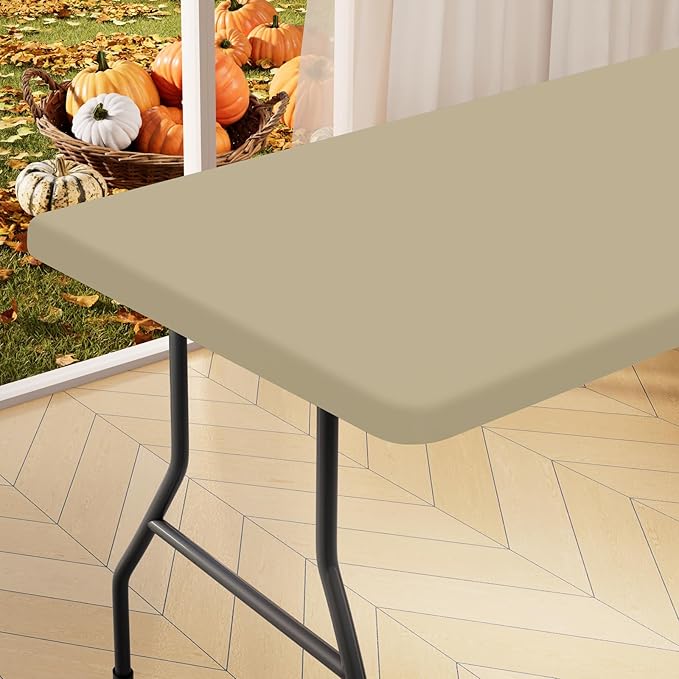 homing Rectangle Table Cloth Cover, Waterproof Polyester Elastic Fitted Tablecloth, Fits for 8 Foot Folding Tables, Washable Table Protector for Picnic, Camping, Outdoor (Taupe, 30" x 96")