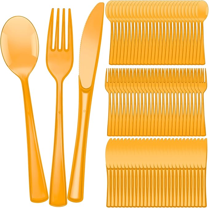 Minatee 150 Pieces Disposable Cutlery Set Plastic Silverware Heavy Duty Utensil Sets 50 Forks 50 Knives 50 Spoons for Home Office School Party Picnics Restaurant Outdoor Events(Orange)