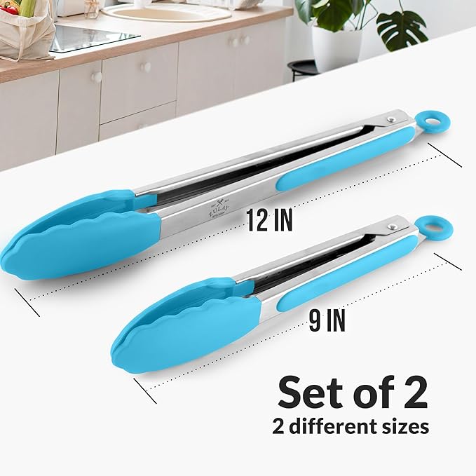 Zulay Stainless Steel Kitchen Tongs with Silicone Tips - Set of 2 (9” & 12”) Locking Cooking Tongs with Non-Slip Grip - Heat Resistant, BBQ Food Tongs for Non-Stick Cooking Pans (Silver/Light Blue)