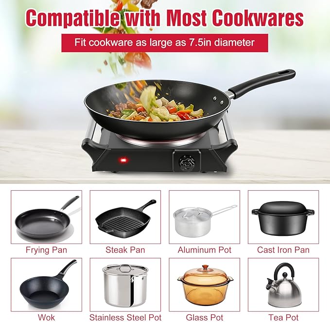 Electric Countertop Single Burner, 1000W Cooktop with Crystal Glass Hot Plate, 5-Level Stepless Temperature Control, Stay Cool Handles, Easy to Clean, Compatible Cooking Stove for Office Home RV