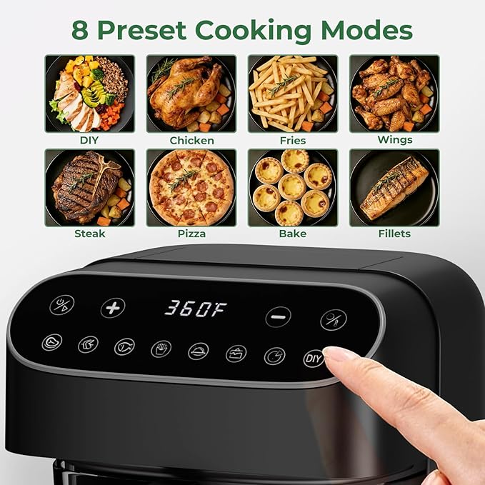5 Quart Glass Air Fryer, Non Toxic & Uncoated High Borosilicate Glass Basket, Airfryer with Transparent Fry Bowl, 8 Preset Modes, PTFE/PFAS Free, BPA-Free, Dishwasher Safe, Black