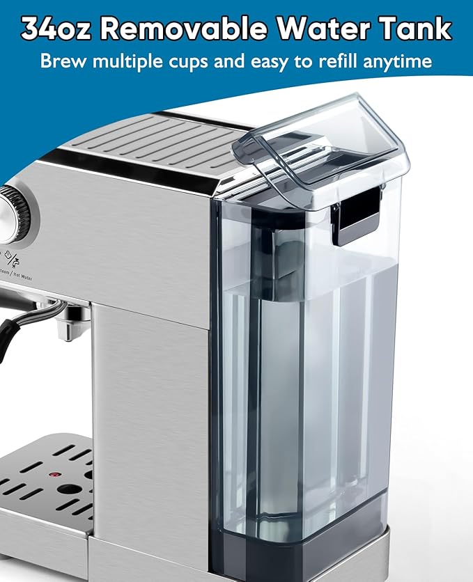 CUSIMAX Espresso Machine 20Bar Compact Coffee Machine with Powerful Steam Wand for Latte & Cappuccino, Stainless Steel Espresso Maker with 34oz Remevable Water Tank