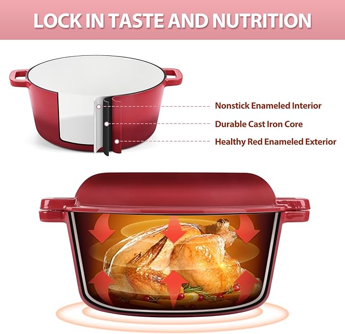 TeamFar 2-In-1 Enameled Cast Iron Dutch Oven, 5 Quart Dutch Oven Pot Cookware with Skillet Lid for Bread Baking Braising Stewing Roasting, Heavy-Duty & Nonstick, Oven Safe & Fit for Induction (Red)