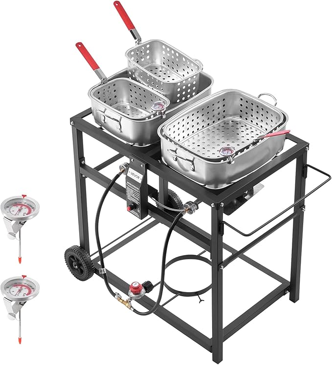 VEVOR Outdoor Propane Deep Fryer, Dual-Tank 18QTx2 Commercial Fryer, Multi-Purpose Portable Frying Cart with Wheel, 3 Basket, 2 Thermometer, Stainless Steel Cooker for Fish Fry Wings Fries, 40,000 BTU