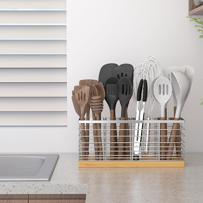 Suli Extra Large Kitchen Utensil Holder Countertop with 4 Compartments,Silvery Metal holder with Wooden Base for Countertop,Farmhouse Utensil Organizer for counter,Rustic Cooking Utensil Organizer