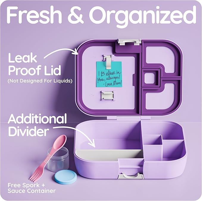 YOOPI Lunch Boxes for Kids–Toddler Bento Box with 4 Leakproof Compartment Food Bentobox Container,Lunch Box for School with Lunchbox Containers, Lightweight Sandwich Box & Snack Box (Lilac)