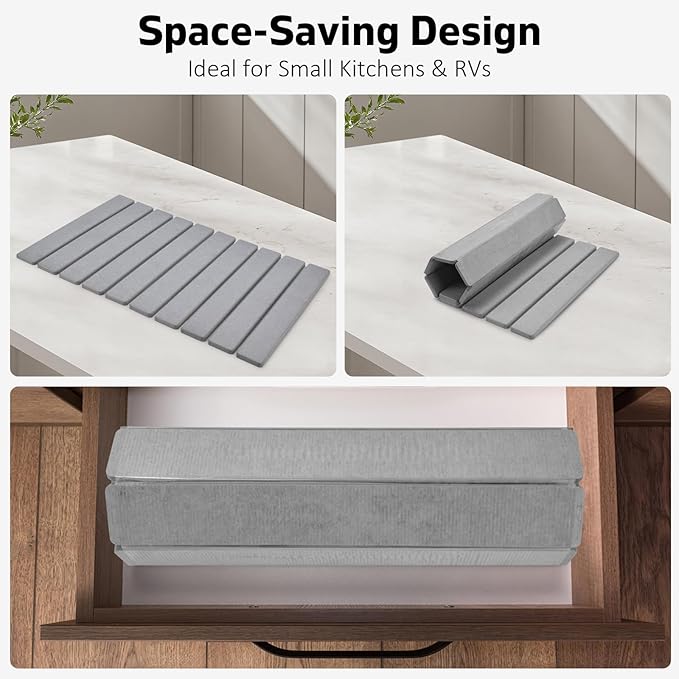 Stone Dish Drying Mat for Kitchen Counter, 24"(L)×16 (W) Foldable Absorbent Diatomaceous Earth Dish Drying Mats, Kitchen Counter Mats for Dishes Bottles Cups, Match Any Countertop - Dark Grey