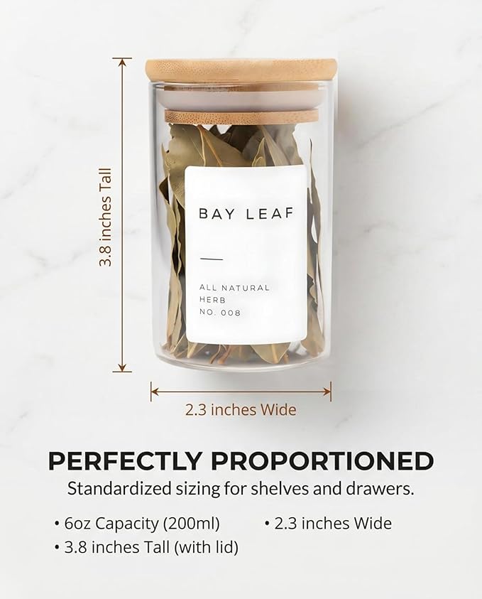 Bloomondo Empty Spice Jars with Label Pack (12x Bamboo Lid Glass Jar). Small 6oz Spice Storage Bottles with 112 Printed Stickers and 48 Writable Pantry Labels for Seasoning Containers