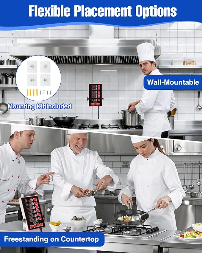 Commercial Kitchen Timer, 6 Channel Timer Restaurant Kitchen Supplies, Heavy-Duty Timer - Stainless Steel | Digital LED Technology | Reminder Function | Loud Alarm