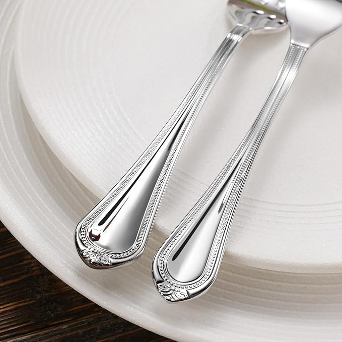 KEAWELL Pearl Edge 4-Piece Premium Spoon Set, 18/10 Stainless Steel, Fine Silverware Spoons with Refined Bead Design, Brightly Polished, Dishwasher Safe (Silver, 7.56" Dinner Spoons)