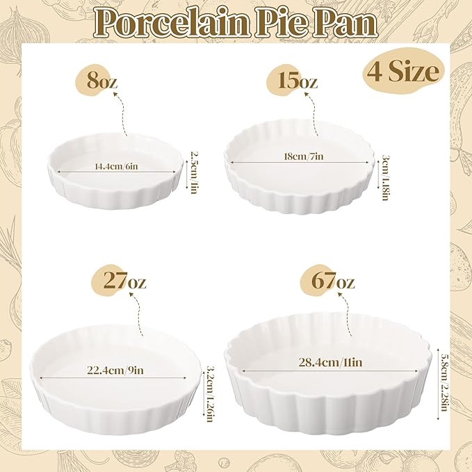 4 Packs Ceramic Pie Pan Set 6/7 /9/11 Deep Pie Plate Round Baking Dish Quiche Baking Dish Bakeware Tart Molds Oven Safe for Serving