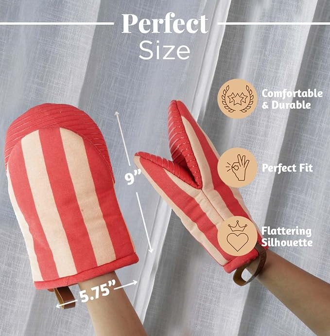 Folkulture Red Oven Mitts - Set of 2 (5.75"x9") | Cute Red Oven Mitts with Hanging Loop for Cooking Gifts, 100% Cotton, Silicone Heat Resistant Oven-Gloves for New Home Essentials