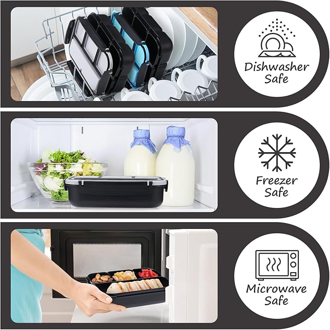QQKO Bento Box for Kids Adults, School Toddler Lunch Box for Boys Girls, Lunch Box Containers with 4 Compartments, Sauce Container, Utensils, Food Picks and Muffin Cups for School, Black Gray