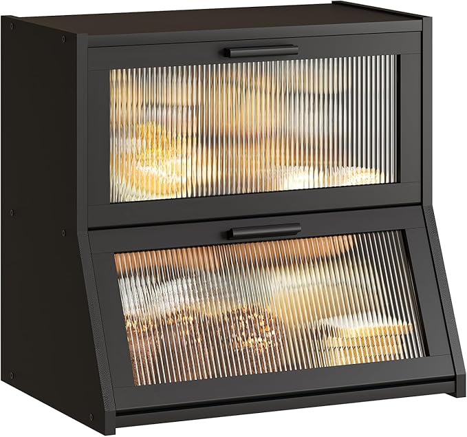 GHWIE Double Layer Bamboo Bread Box for Kitchen Counter,Large Capacity Storage Bin with Acrylic Wavy Door Panel (Black, Extra Large)