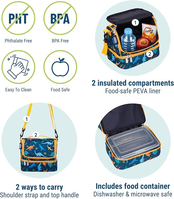 Wildkin Kids Two Compartment Insulated Lunch Bag – Keeps Food Hot or Cold, Easy-Clean Lining, Leak-Resistant & BPA-Free – Boys & Girls, Ideal for School, Travel & Daycare – Jurassic Dinosaurs