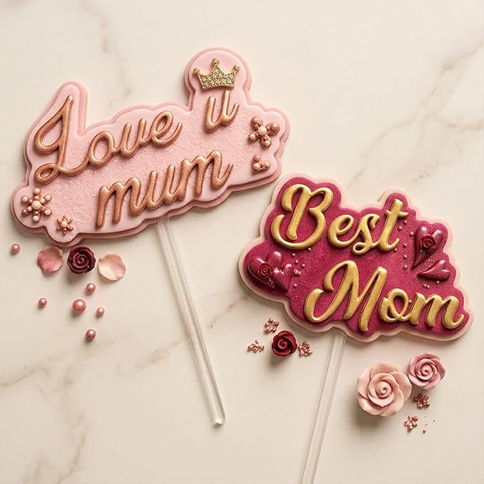 2Pcs Mothers Day Fondant Mold,Pink Love Mom Silicone Resin Mole Best Mom Chocolate Mold Silicone Molds Baking Tool for Candy Cake Polymer Clay Making,Mothers Day Birthday Gift Making Party Supplies