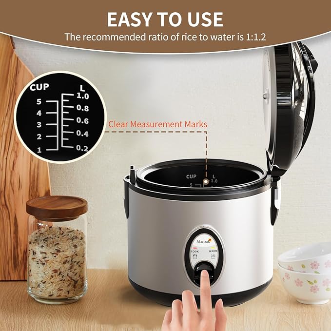 Macook Stainless Steel Rice Cooker with Steamer, 4-Cup Uncooked (1.0L)/8-Cup Cooked, Electric Grain & Vegetable Cooker, Auto Keep Warm for Oatmeal, Soups & Multicooking